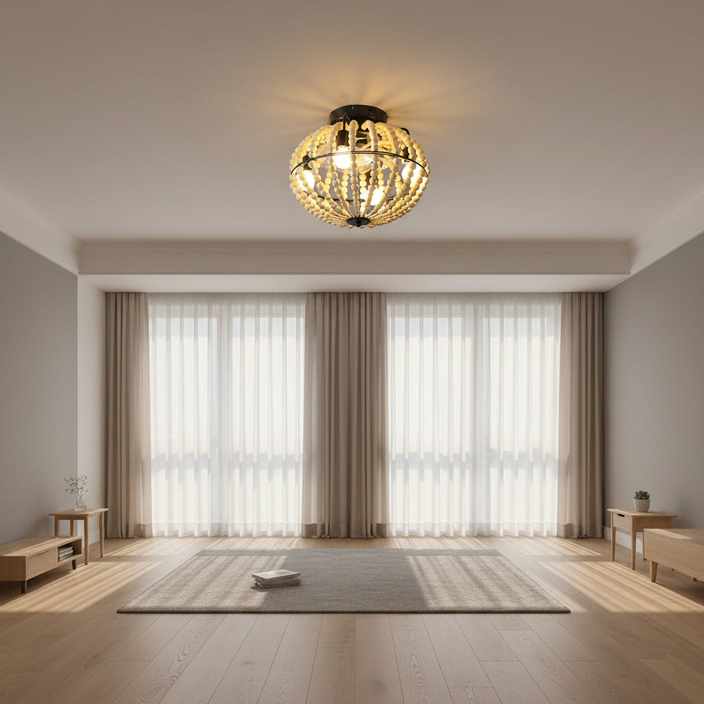 A ceiling-mounted light fixture with a black metal frame and many small cream-colored bead-like spheres, shown lit in a real interior room with curtains, wall sconce, and a floor lamp.